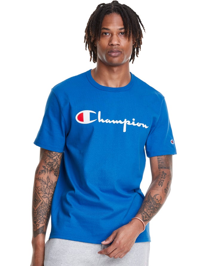 Champion T-Shirt Heren - Blauw - Heritage Vintage Logo ( 569421-WLI )